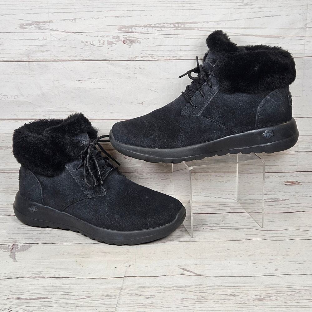 Skechers On The Go Joy Lush Womens Black US 8 Faux Fur Suede Lace-Up Ankle Boots